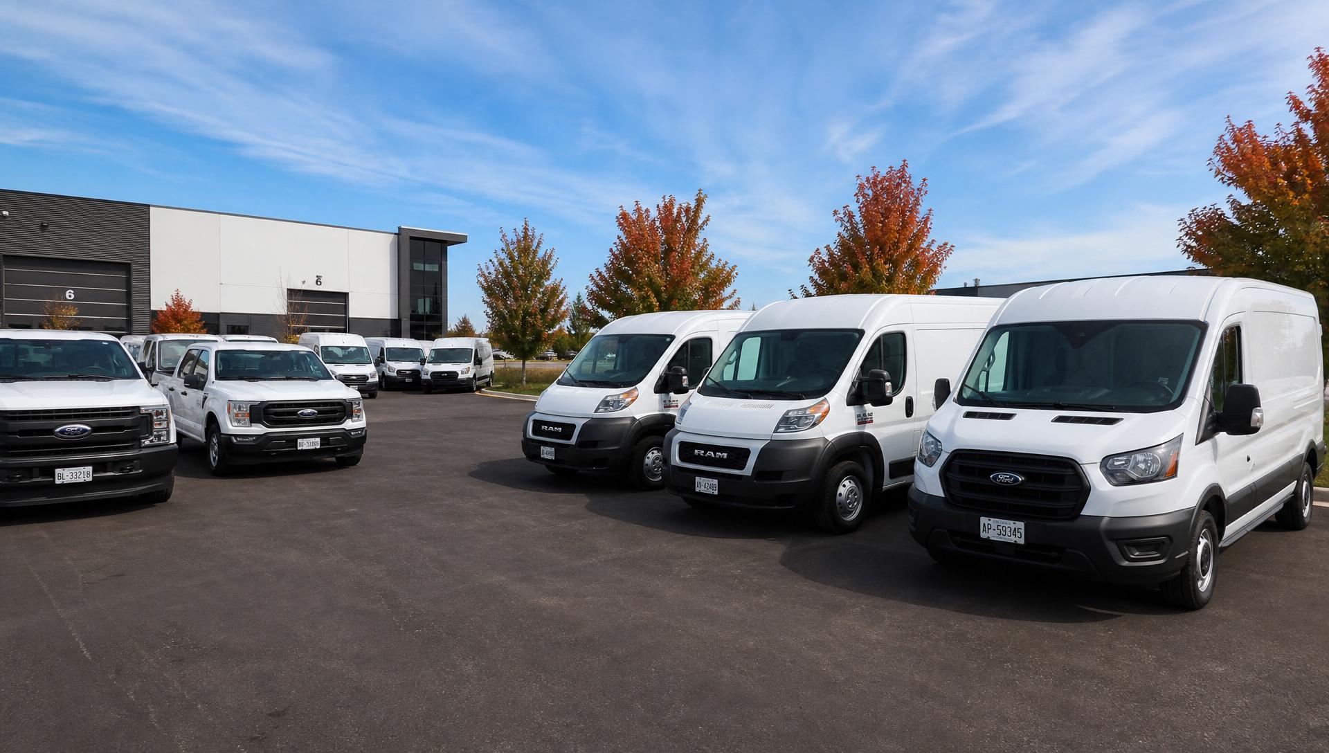 Fleet of white commercial cargo vans and work trucks parked at a depot